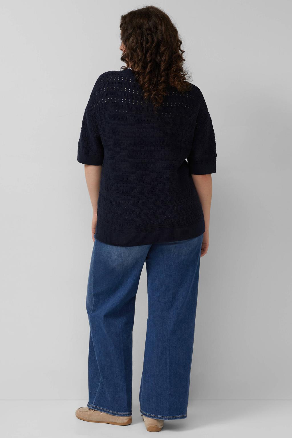 Donkerblauwe dames s.Oliver Curve pullover van katoen met effen, half lange mouwen, ronde hals en geribde boorden