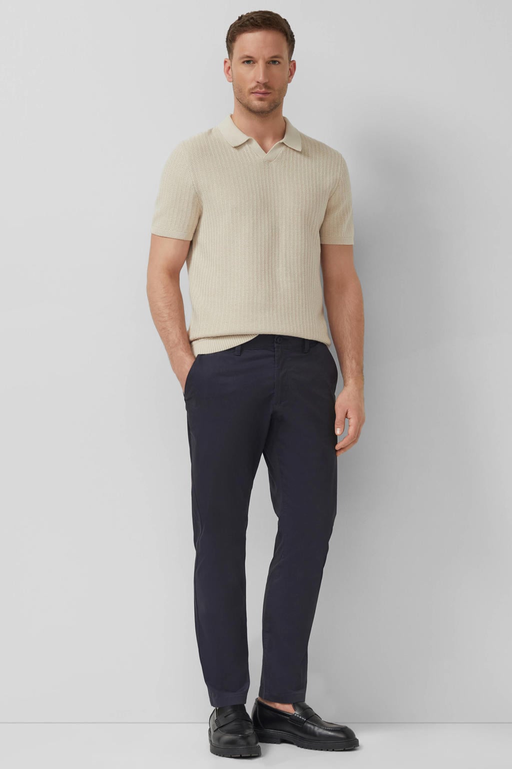Beige heren s.Oliver BLACK LABEL regular polo gebreid van katoen met effen, korte mouwen en klassieke kraag