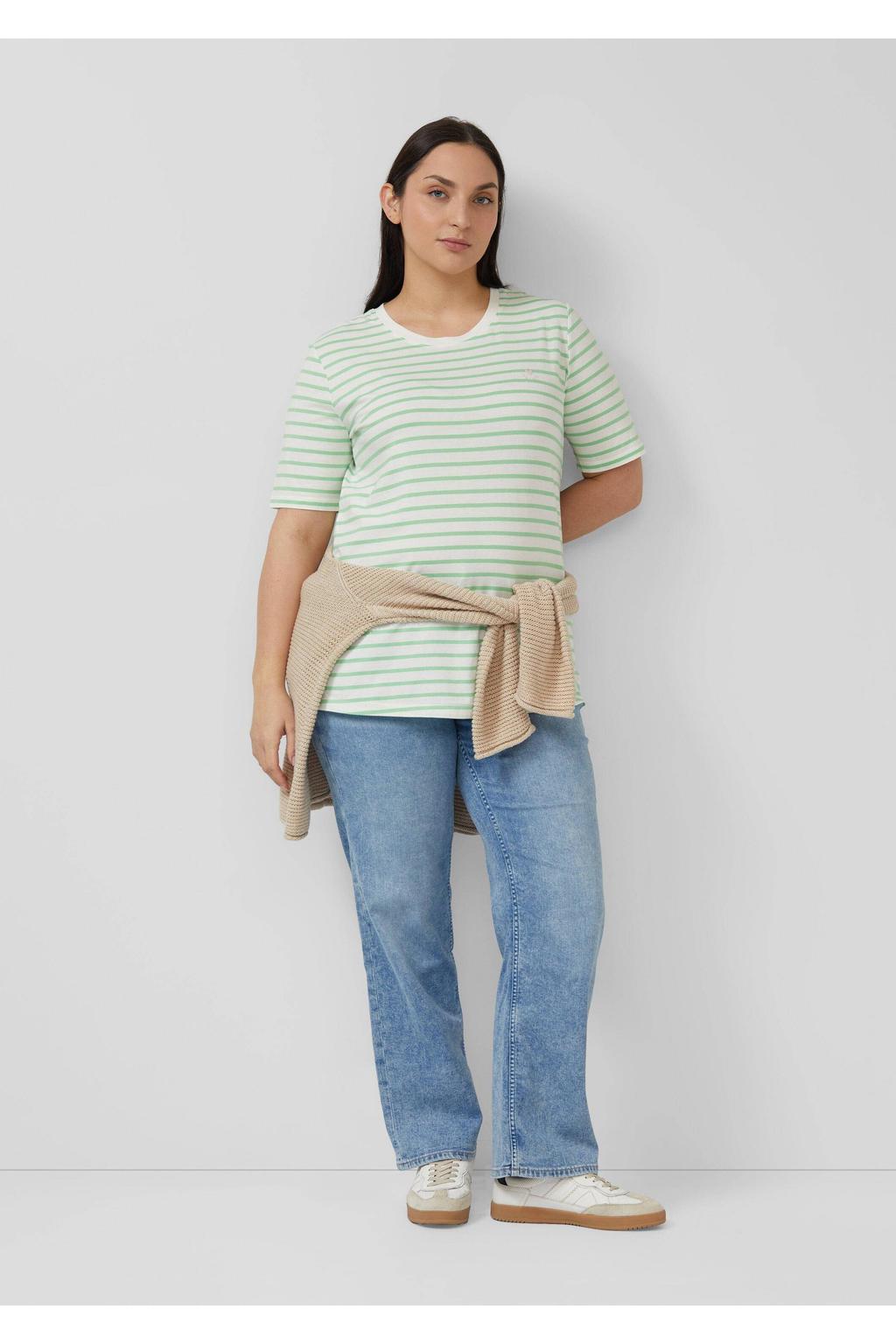 Lichtgroen en ecru dames s.Oliver Curve gestreepte T-shirt van katoen met korte mouwen en ronde hals
