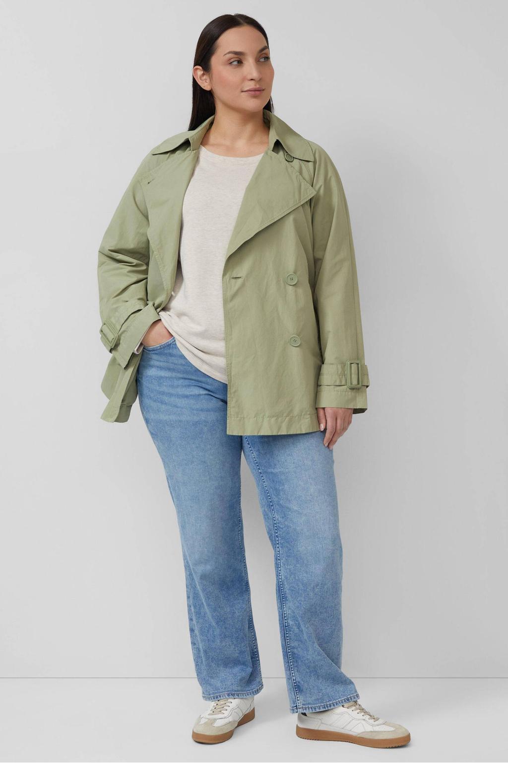 Lichtgroene dames s.Oliver Curve trenchcoat van katoen met effen, lange mouwen en double breasted sluiting
