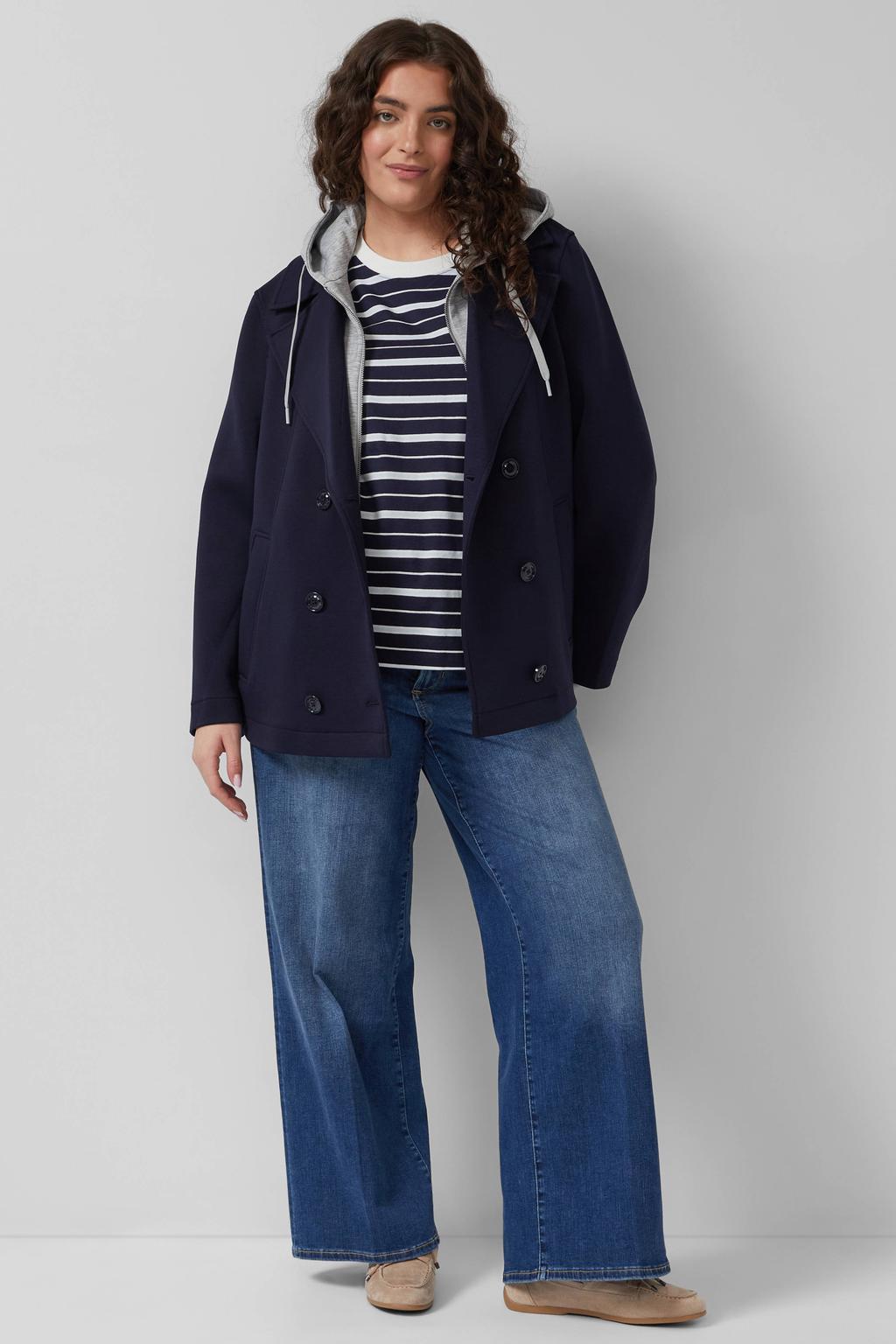 Marineblauw dames s.Oliver Curve trenchcoat blauw van polyester met effen, lange mouwen en capuchon