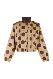 thumbnail: Bruin en camelkleurige dames Shoeby Studio bomberjack van katoen met stippenprint, lange mouwen, opstaande kraag en knoopsluiting