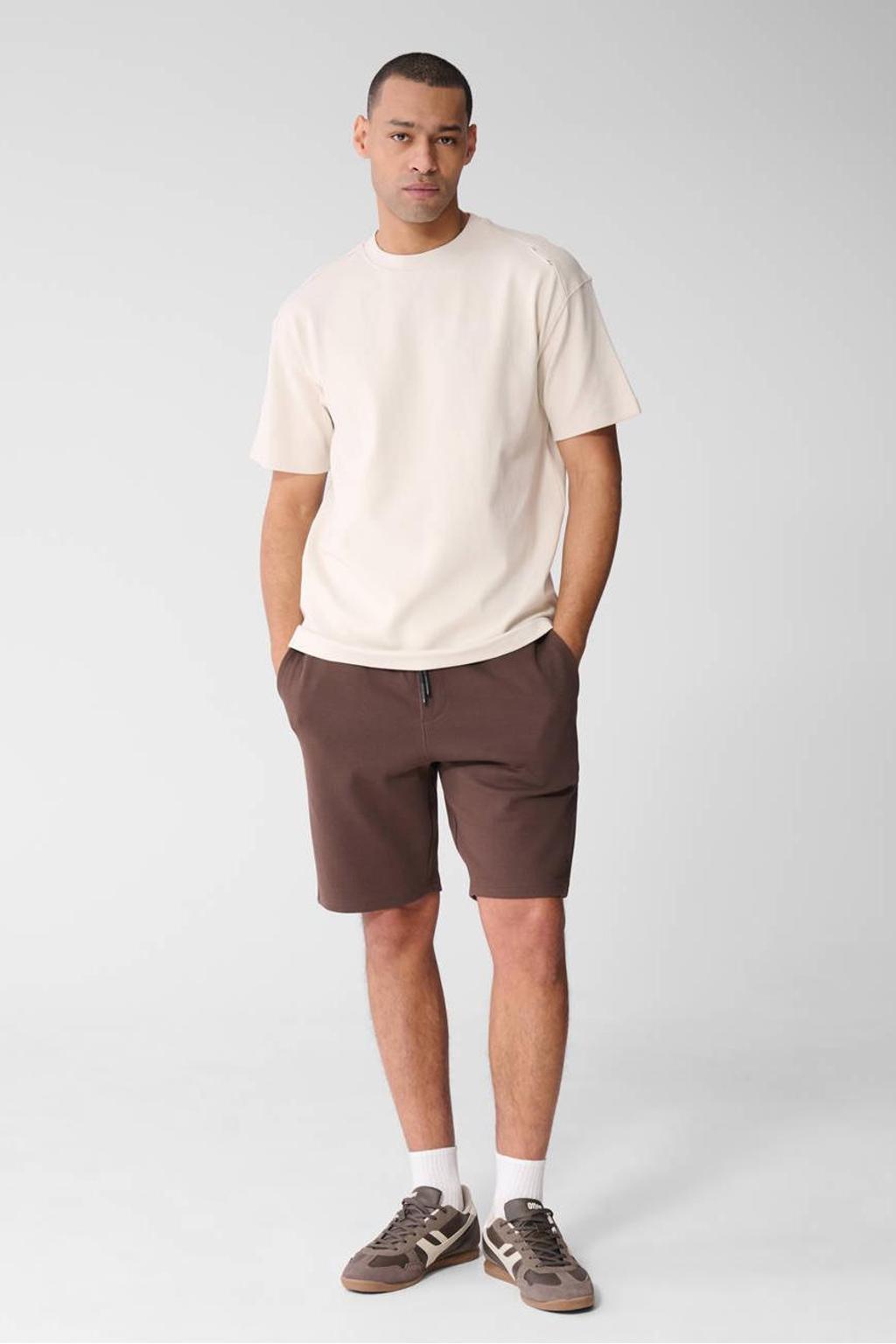 Beige heren Shoeby relaxed T-shirt van katoen met logo dessin, korte mouwen en ronde hals