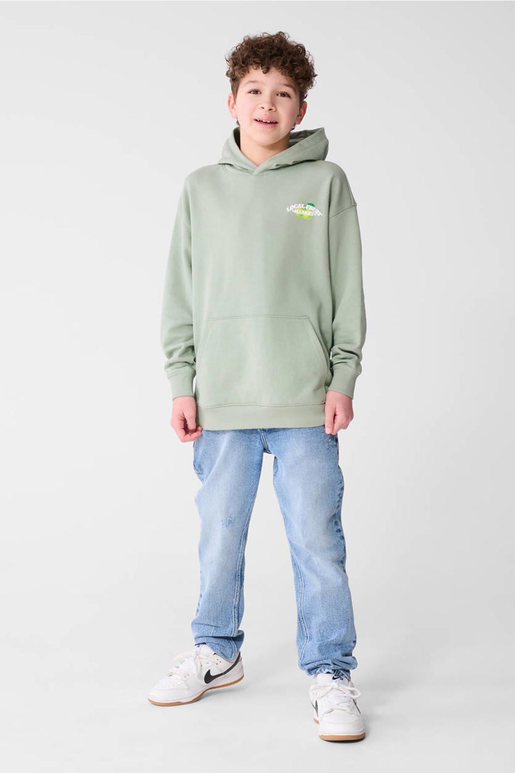 Groene jongens Shoeby sweater met backprint, lange mouwen, capuchon en geribde boorden