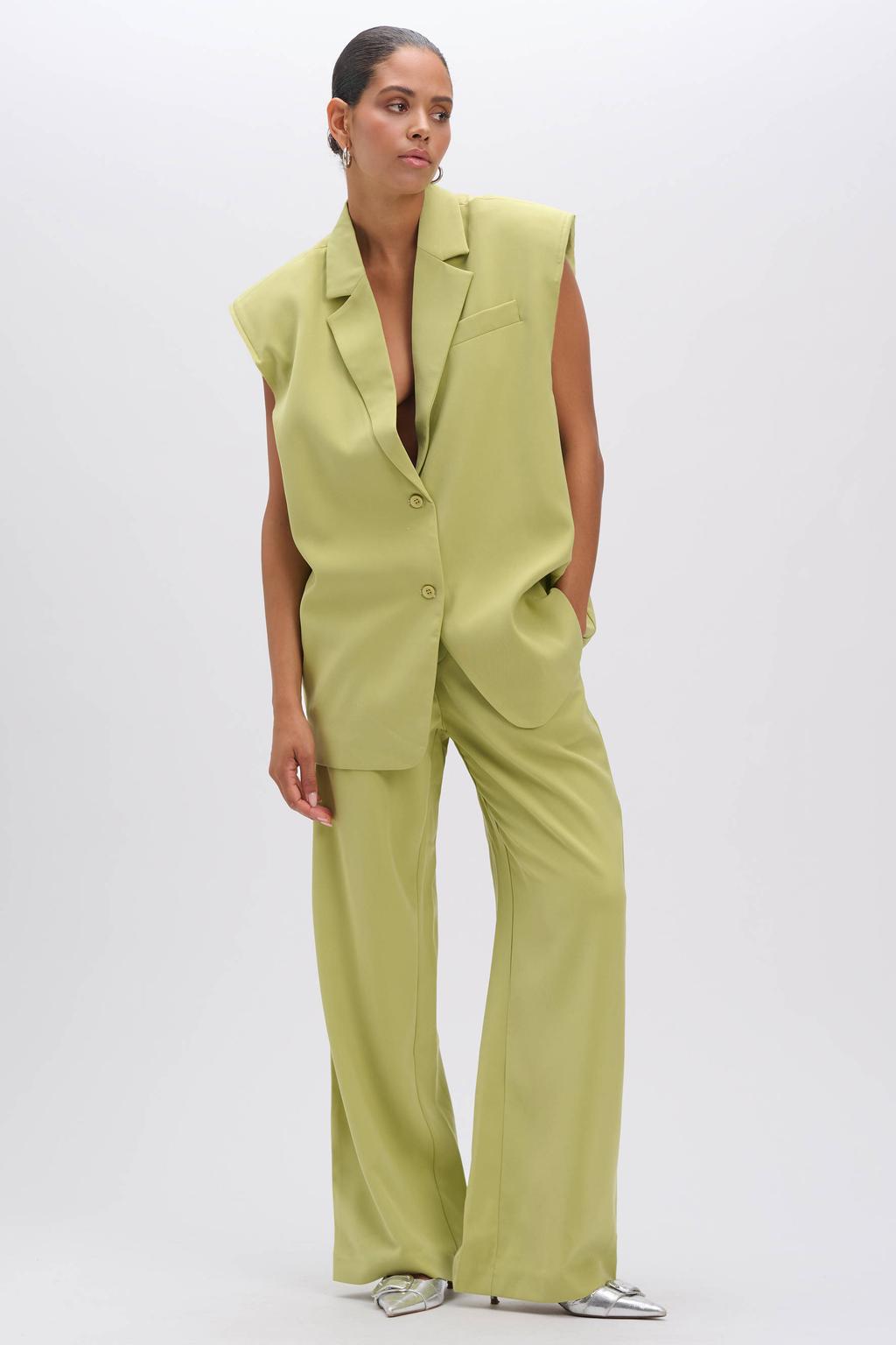 Lichtgroene dames Refined Department straight regular waist pantalon van polyester met rits- en knoopsluiting en effen