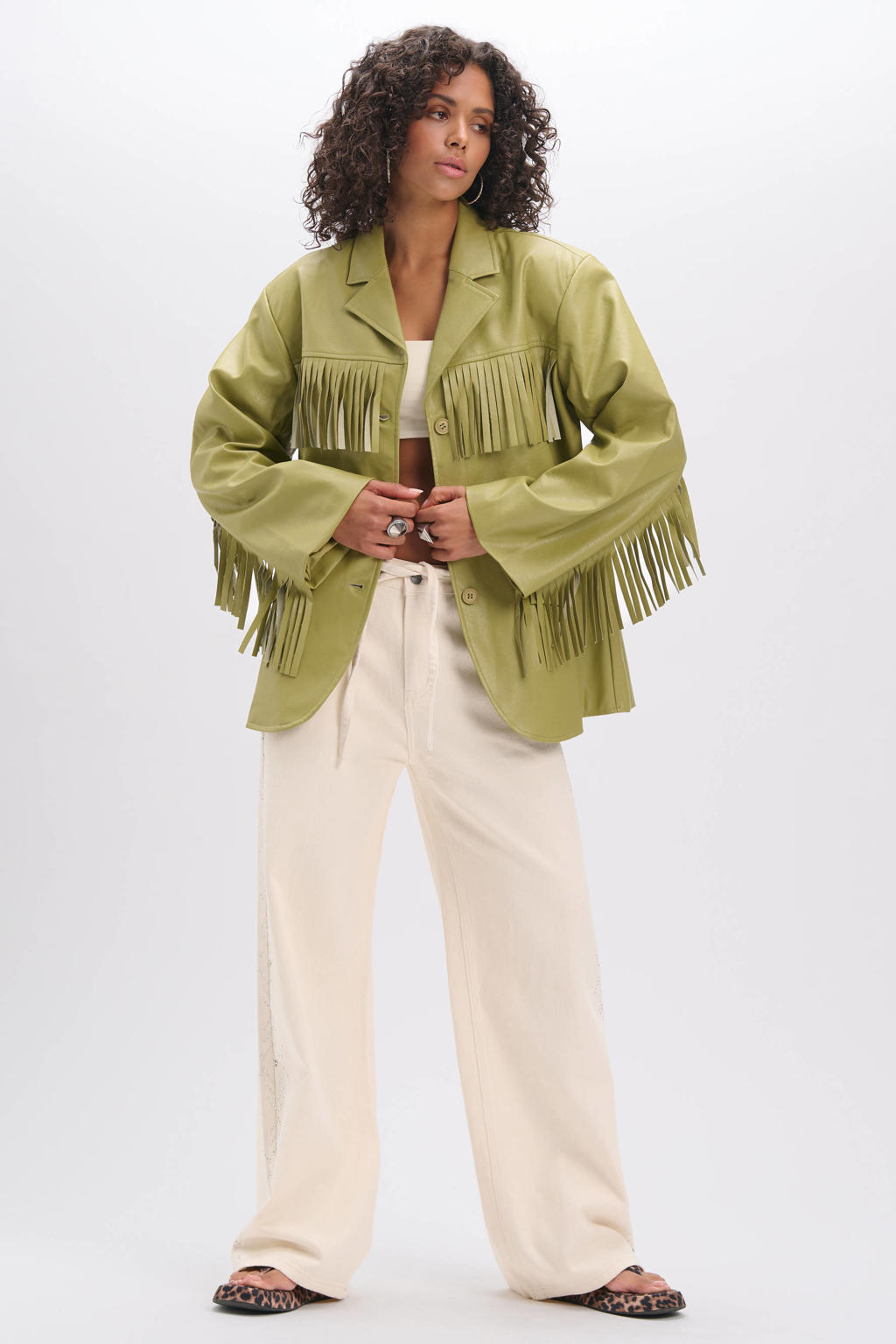 Ecru dames Refined Department wide leg jeans met rits- en knoopsluiting en effen