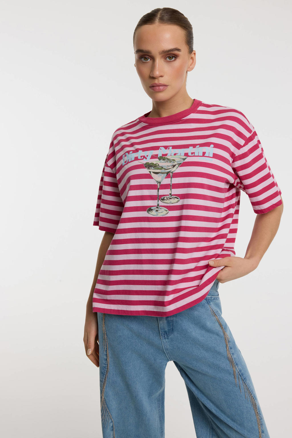 Roze dames Refined Department gestreepte T-shirt met printopdruk, korte mouwen en ronde hals