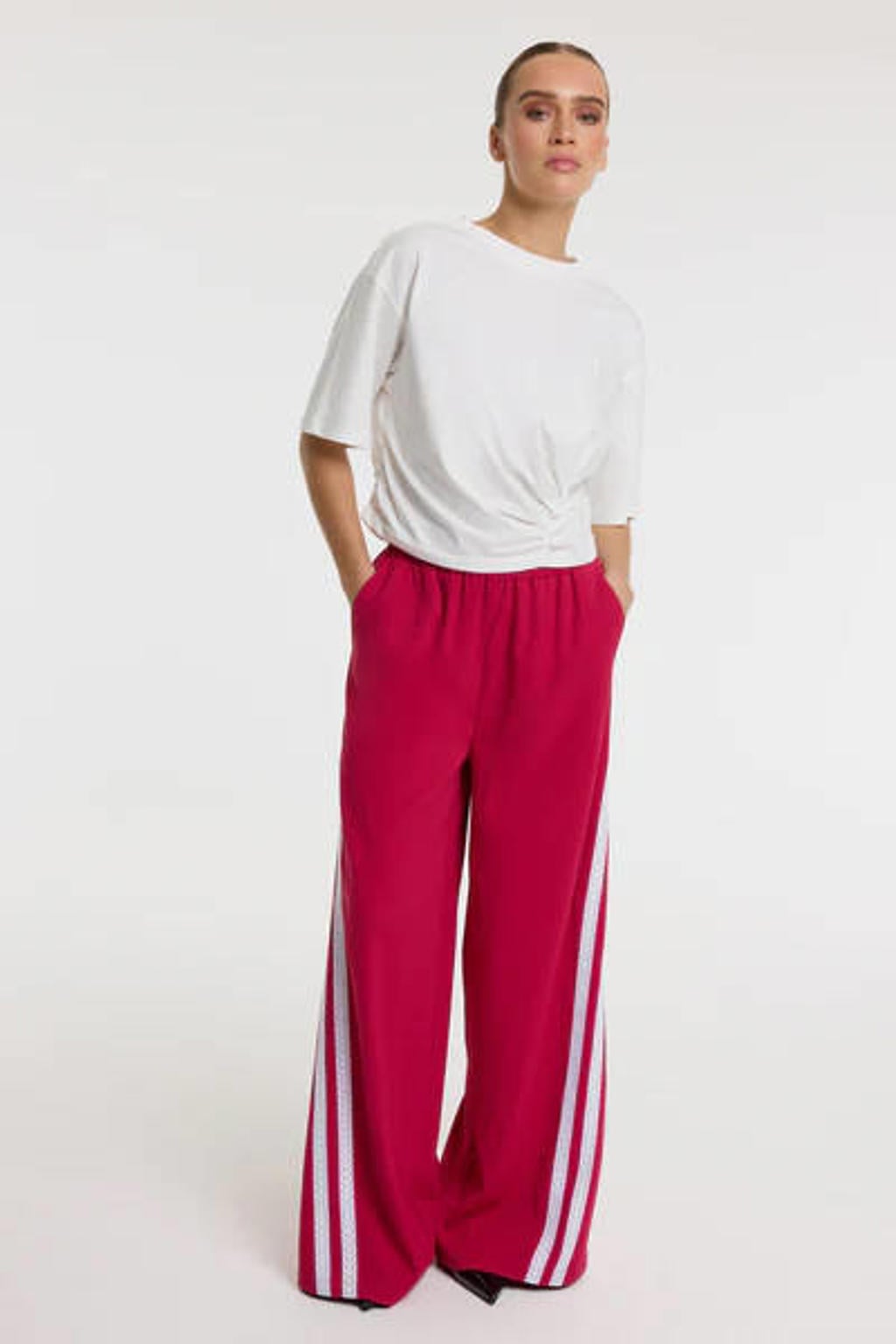 Witte dames Refined Department T-shirt met effen, korte mouwen, ronde hals en plooien