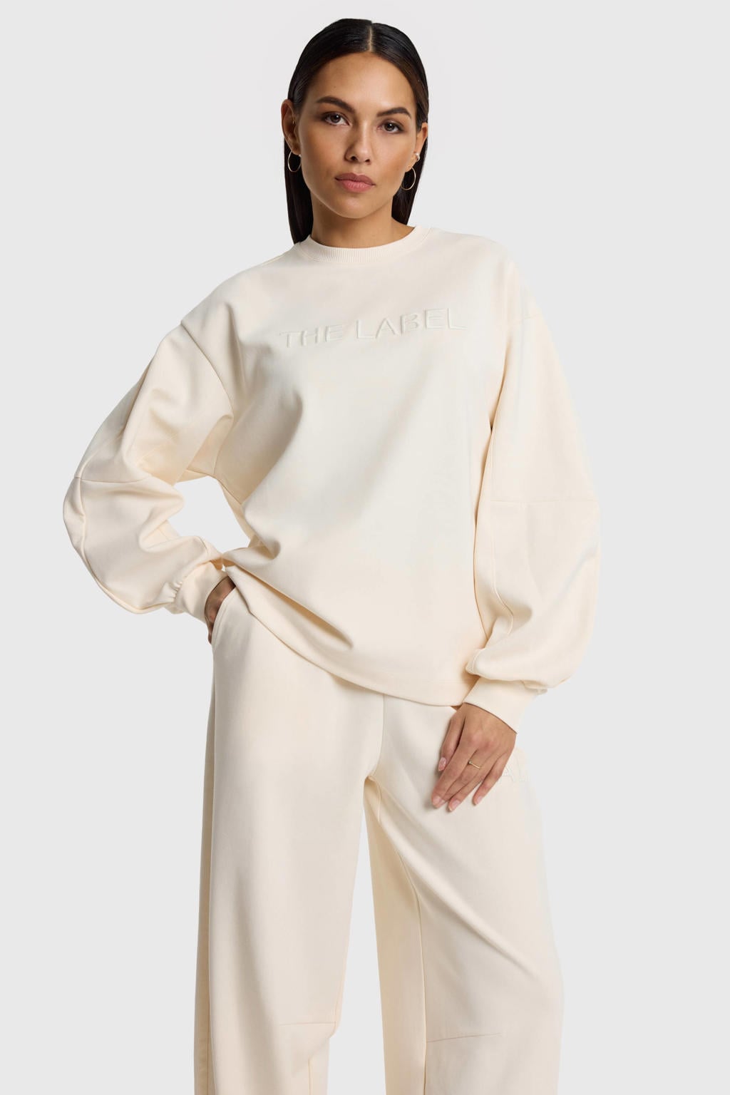 Crème dames Alix the Label sweater met effen, lange mouwen en ronde hals