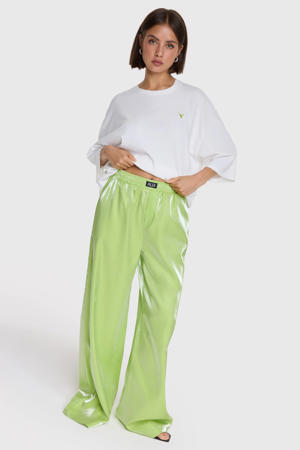 satijnen wide leg regular waist pantalon limegroen