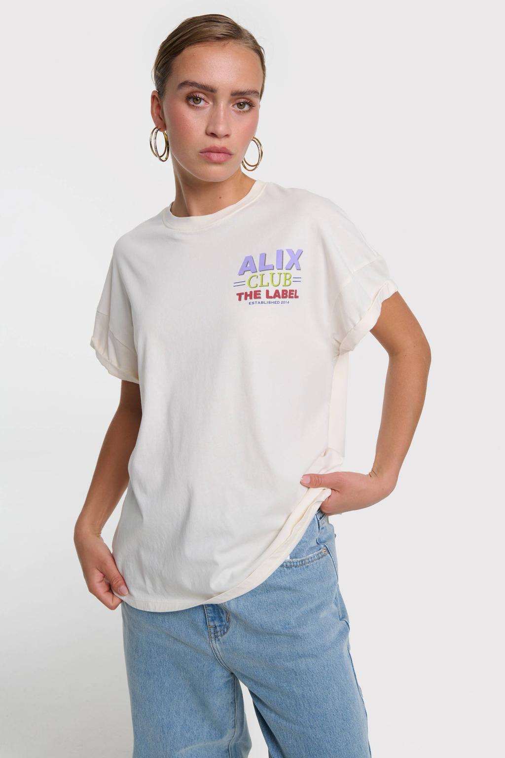 Crème dames Alix the Label T-shirt met backprint, korte mouwen, ronde hals en borduursels