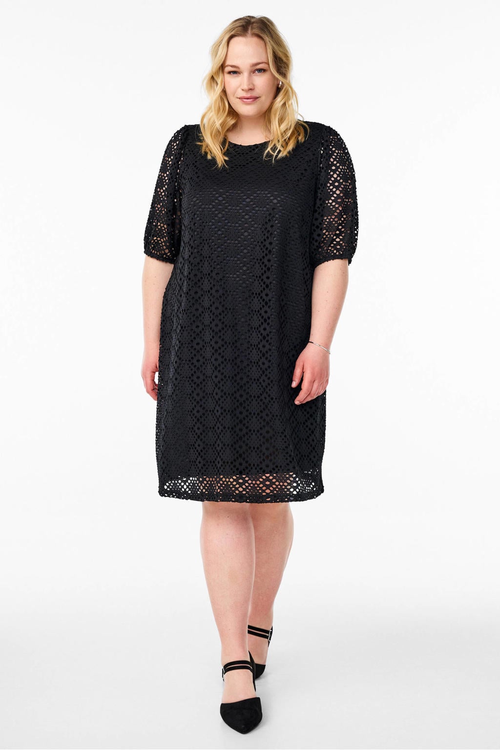 Zwarte dames Zizzi zomerjurk van polyester met effen, half lange mouwen, ronde hals en broderie