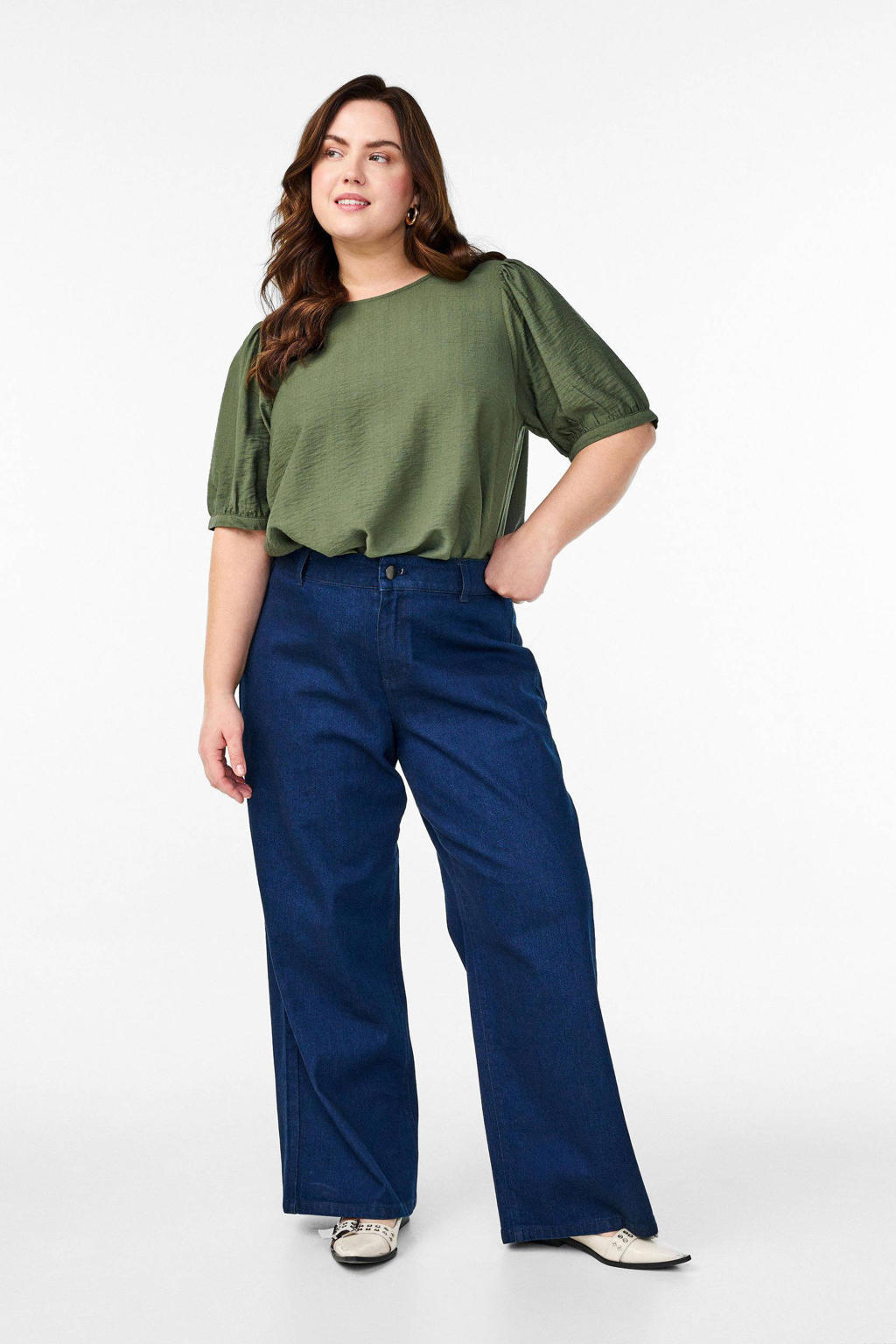 Groene dames Zizzi blouse van katoen met effen, half lange mouwen en ronde hals