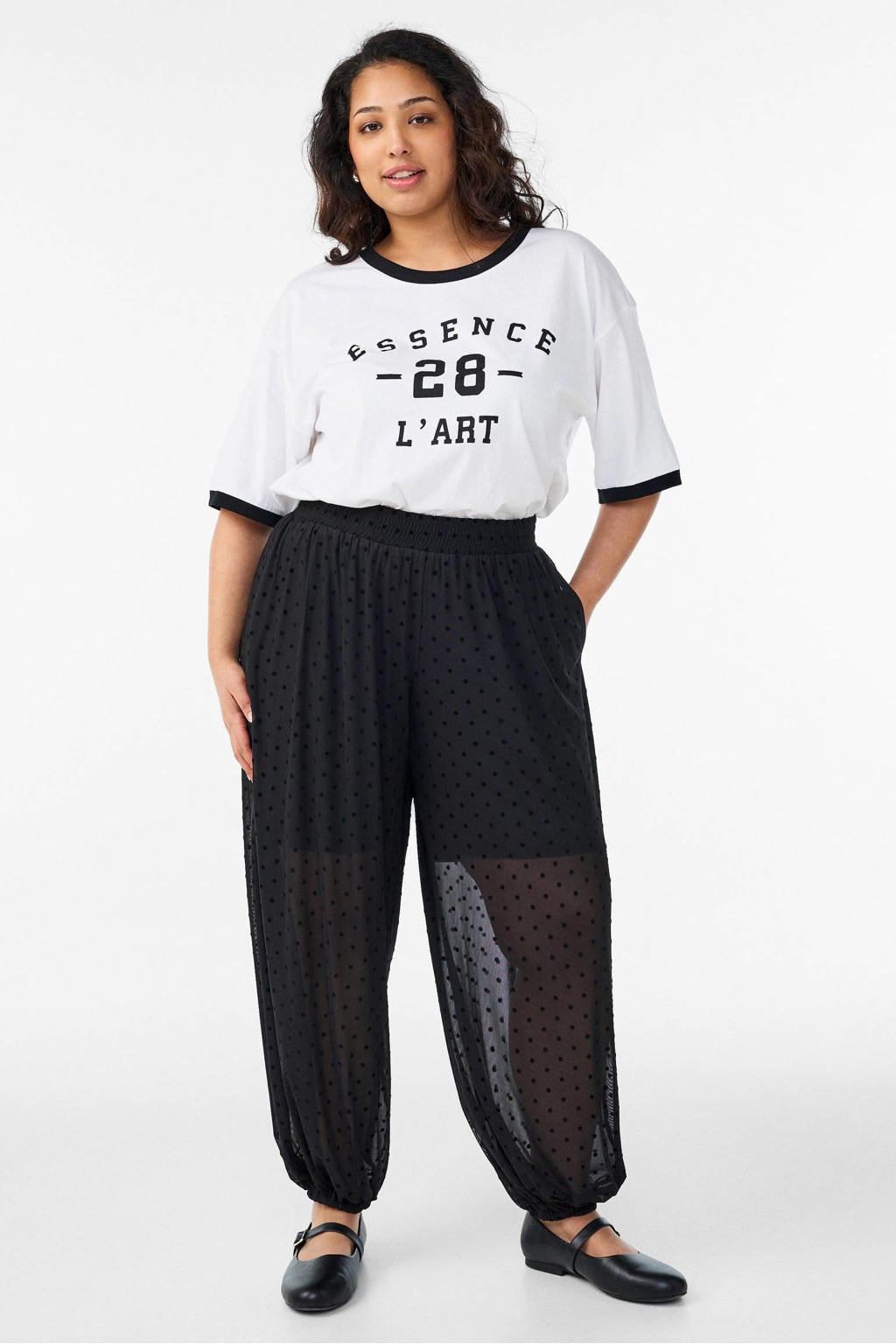Zwart en witte dames Zizzi T-shirt van katoen met tekst print, korte mouwen en ronde hals