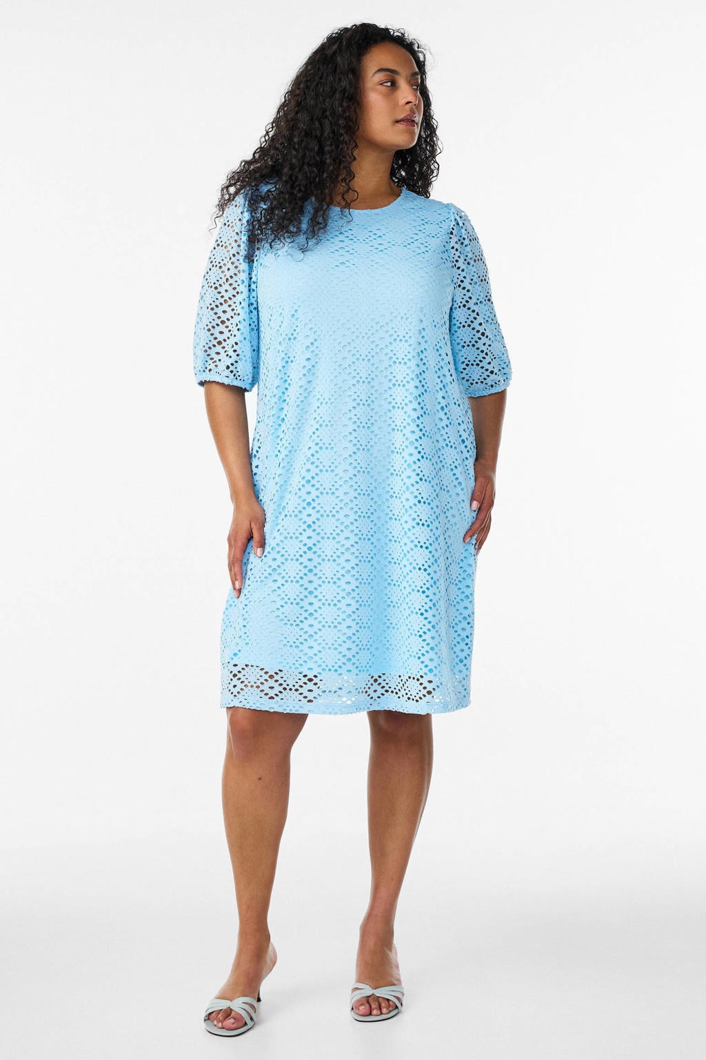 Blauwe dames Zizzi zomerjurk van polyester met effen, half lange mouwen en ronde hals