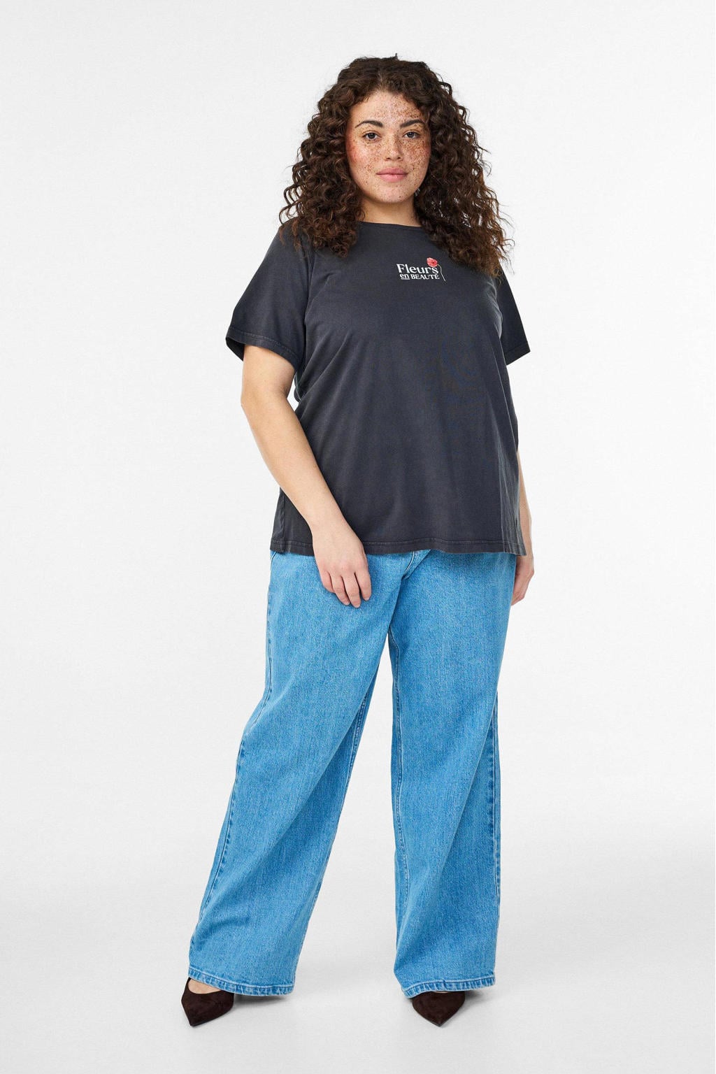 Zwarte dames Zizzi T-shirt van katoen met backprint, korte mouwen en ronde hals