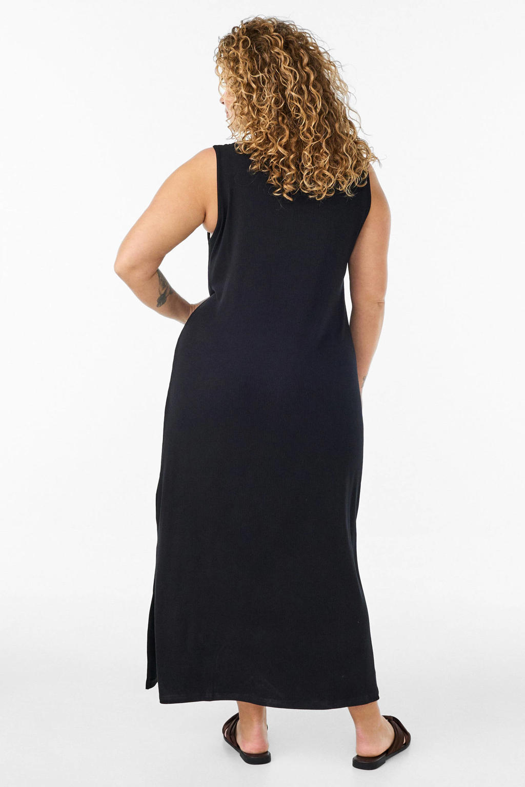 Zwarte dames Zizzi midi jurk van viscose met effen, ronde hals en split