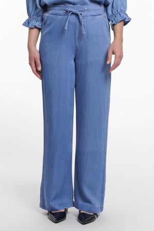 wide leg high waist casual broek medium blue denim
