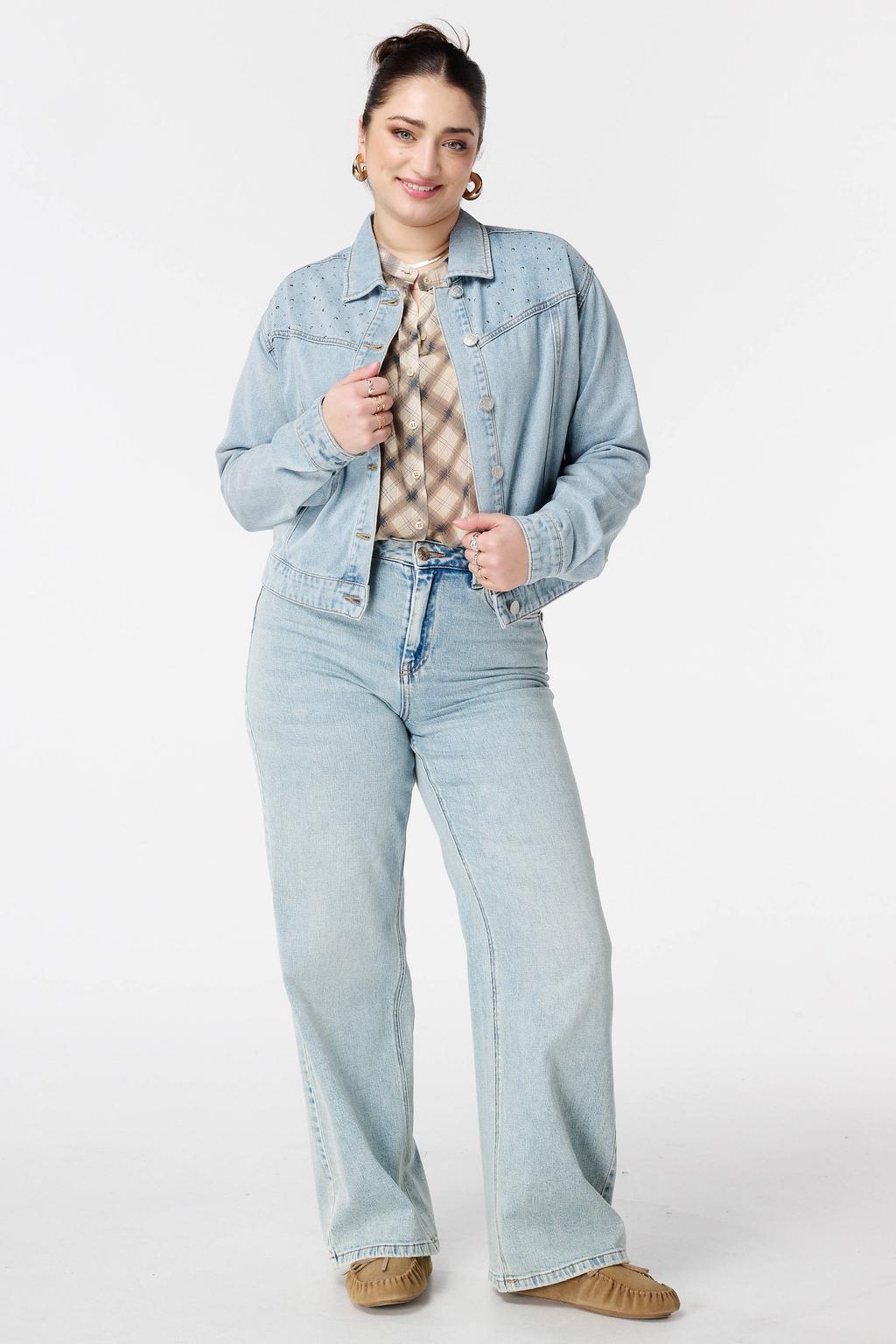Light blue denim dames MS Mode spijkerjas van denim met effen, klassieke kraag en strass steentjes