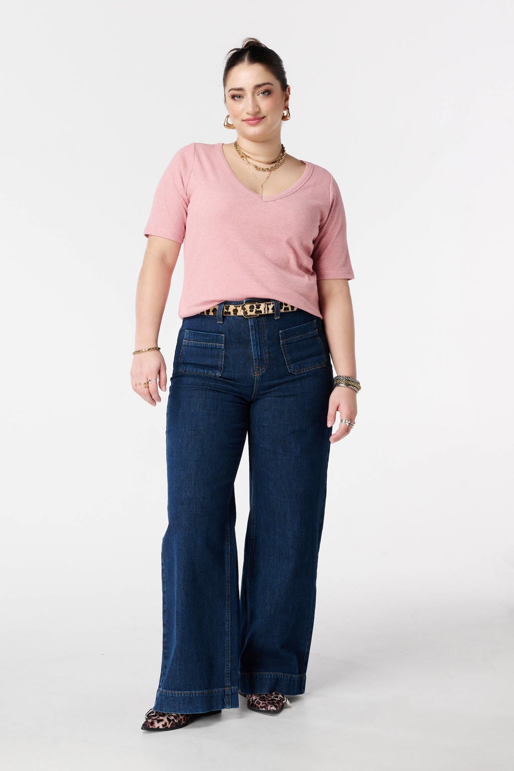 Lichtroze dames MS Mode top met effen, korte mouwen en V-hals
