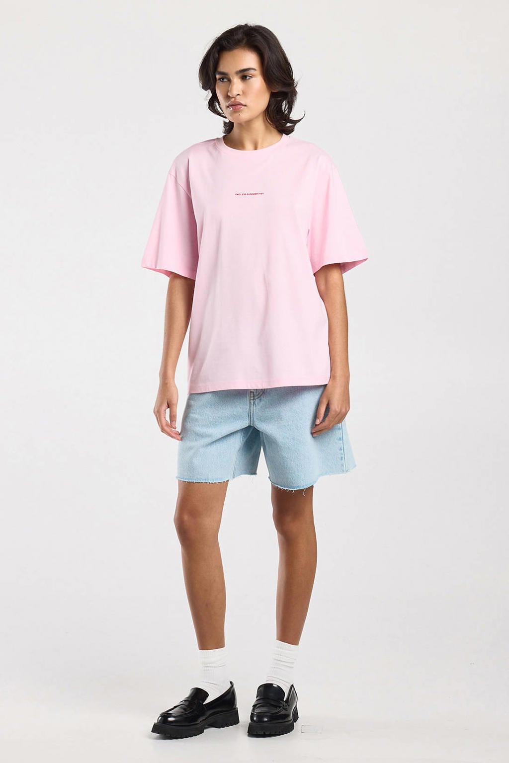 Lichtroze en donkerrode dames America Today T-shirt van katoen met backprint, korte mouwen en ronde hals