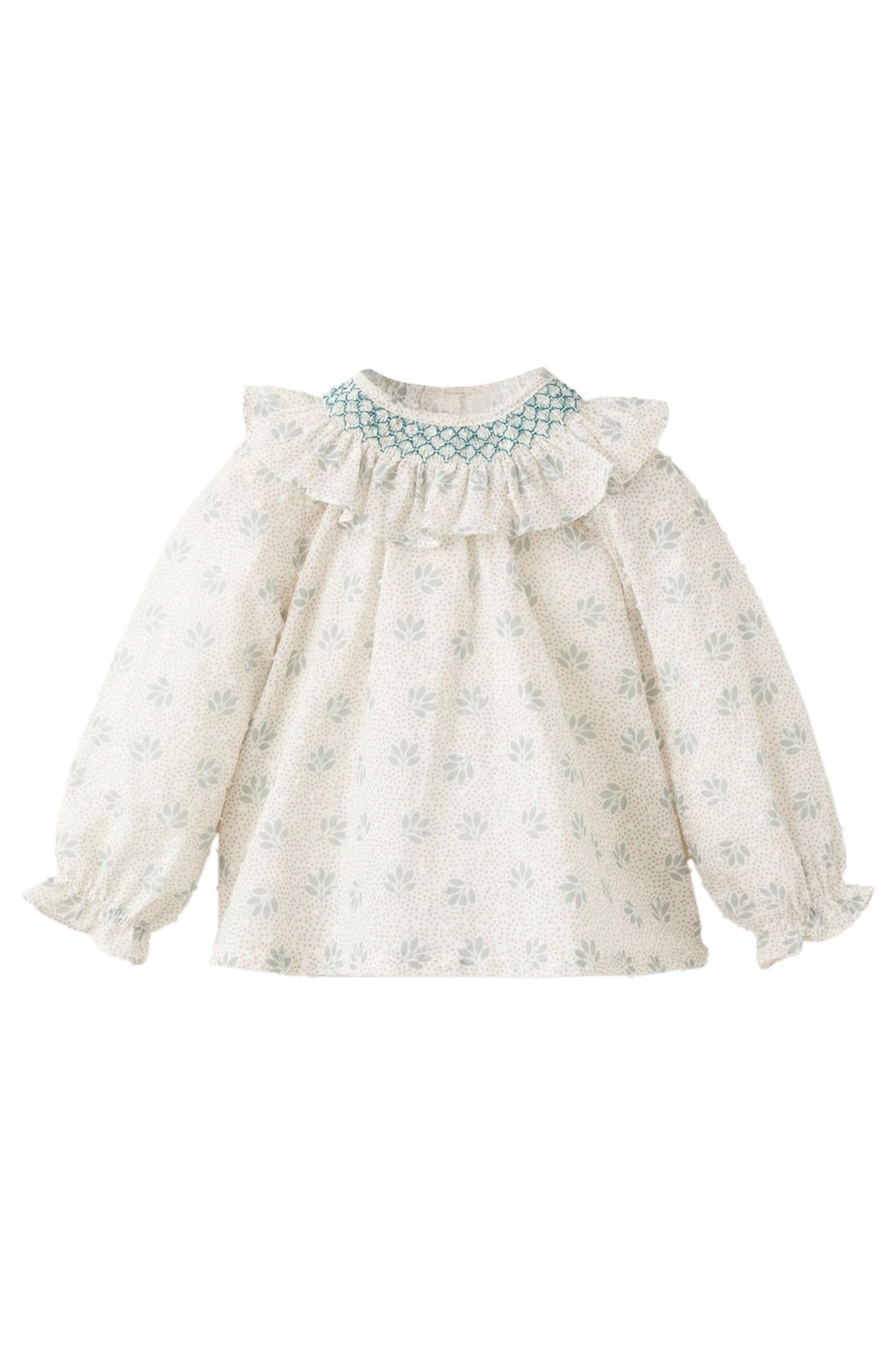 Witte meisjes Mango Kids blousetop van katoen met lange mouwen, peter pan-kraag, knoopsluiting en borduursels