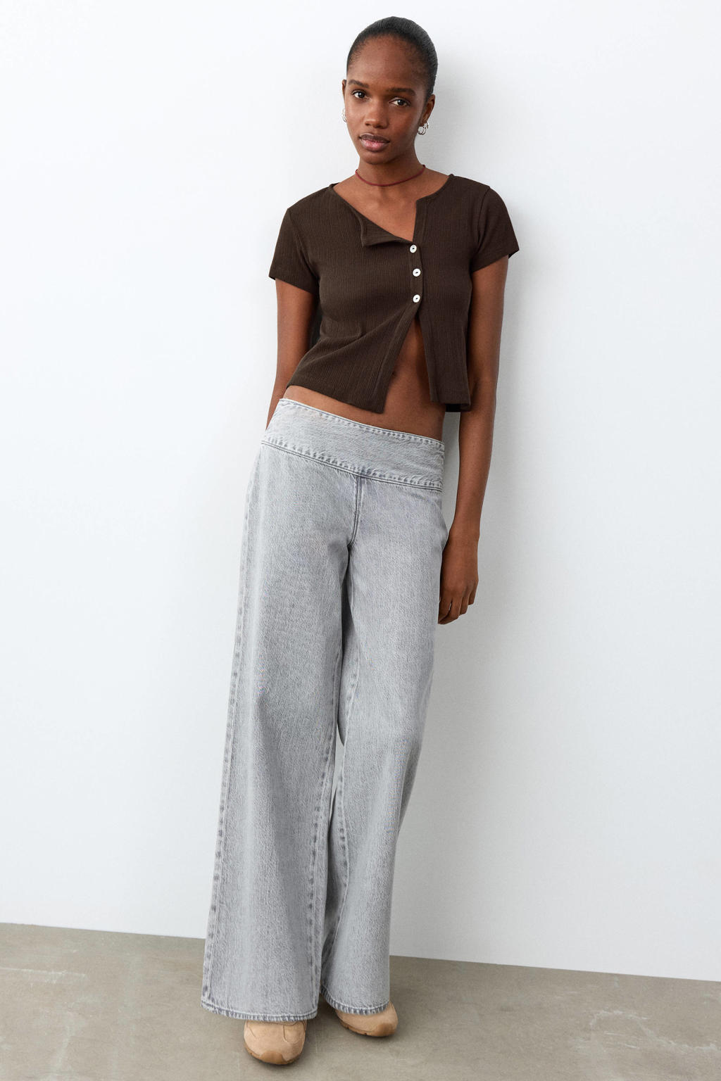 Bruine meisjes MANGO TEEN cropped top rib gebreid met effen en korte mouwen