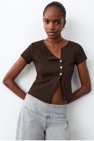 cropped top bruin rib gebreid