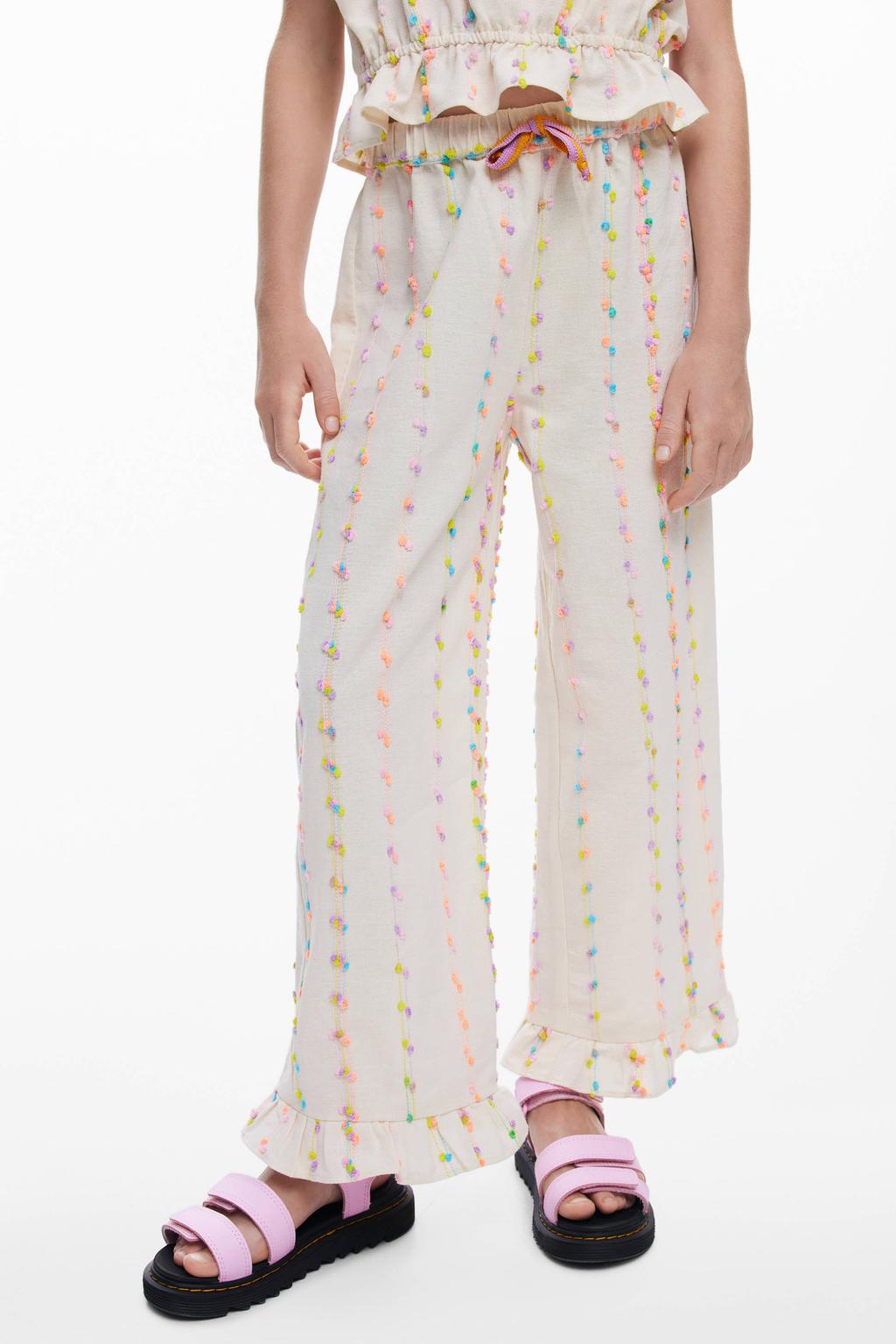 Ecru meisjes Desigual casual broek van katoen met elastische tailleband met koord en effen