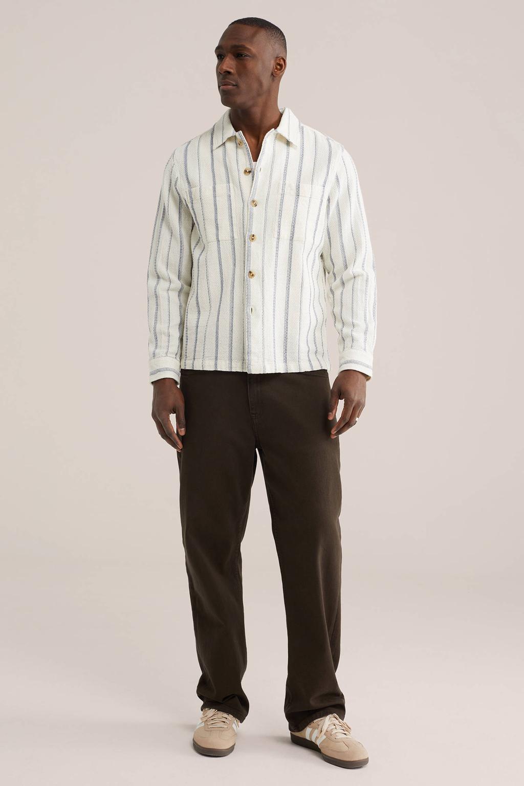 Ecru heren WE Fashion gestreepte overshirt van katoen met lange mouwen, klassieke kraag, knoopsluiting en textuur