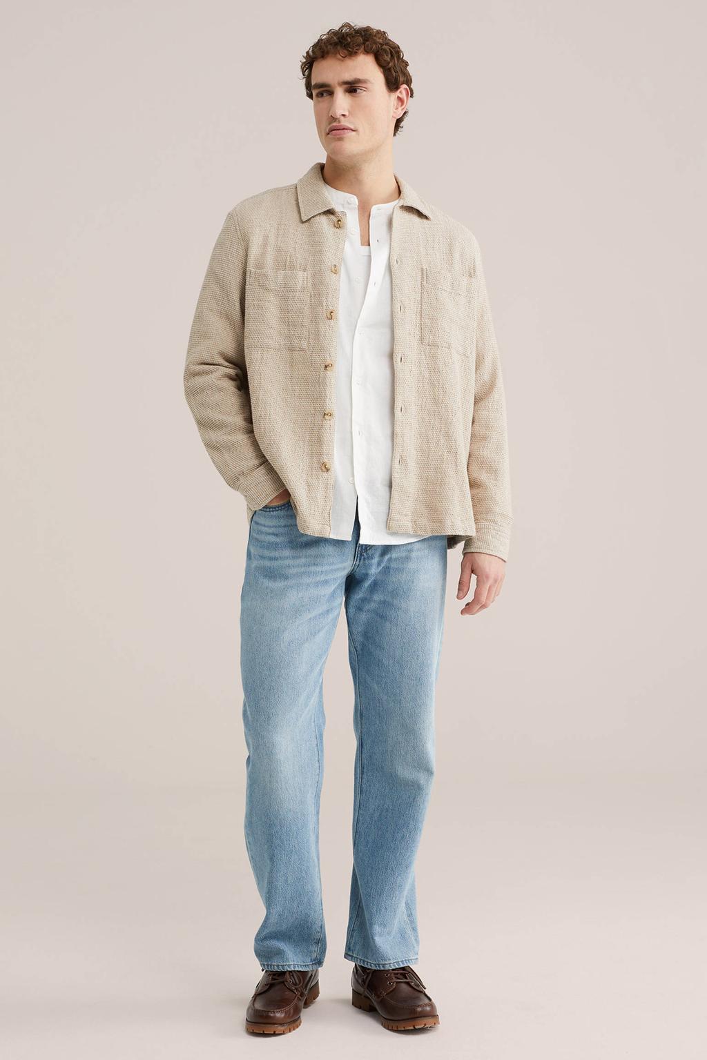 Beige heren WE Fashion overshirt van katoen met effen, lange mouwen, klassieke kraag, knoopsluiting en textuur