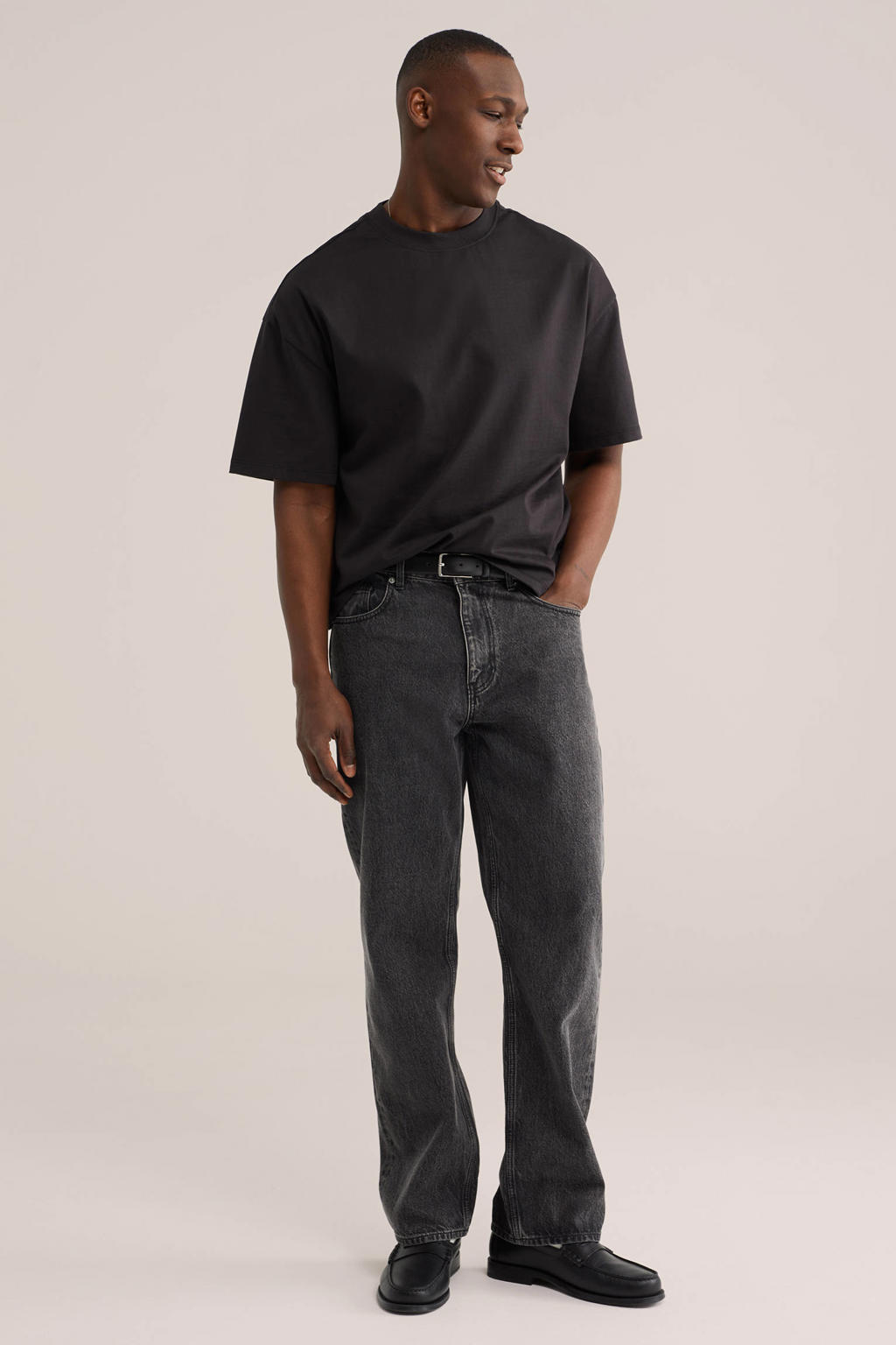 Zwarte heren WE Fashion boxy T-shirt van katoen met effen, korte mouwen en ronde hals