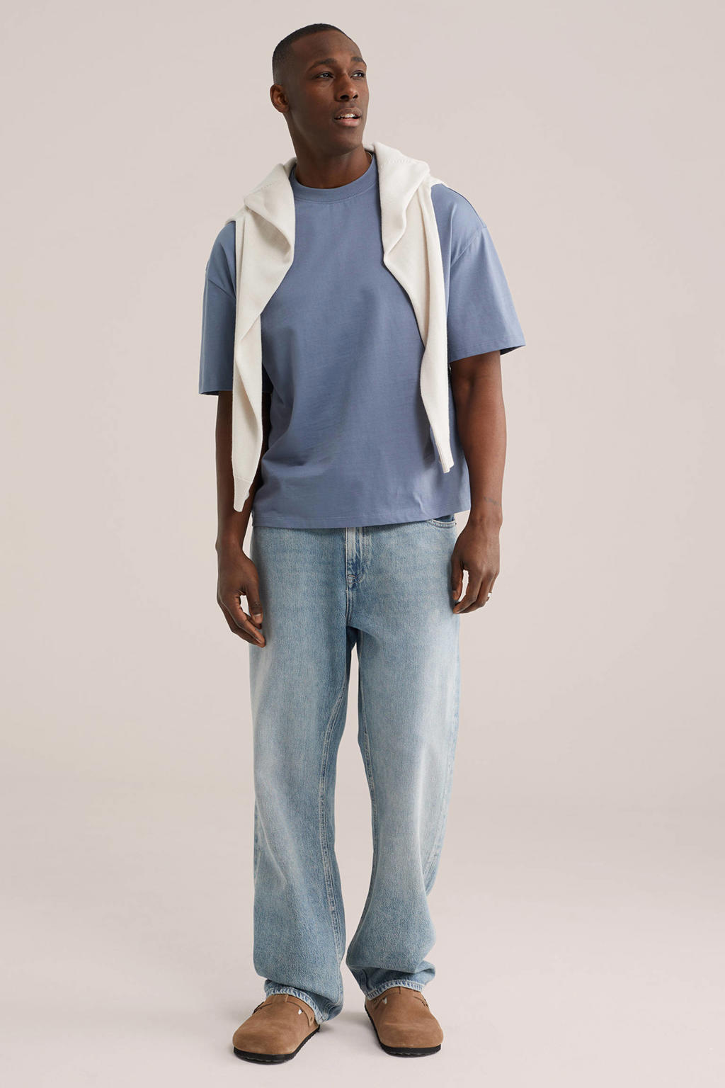 Blauwe heren WE Fashion boxy T-shirt van katoen met effen, korte mouwen en ronde hals