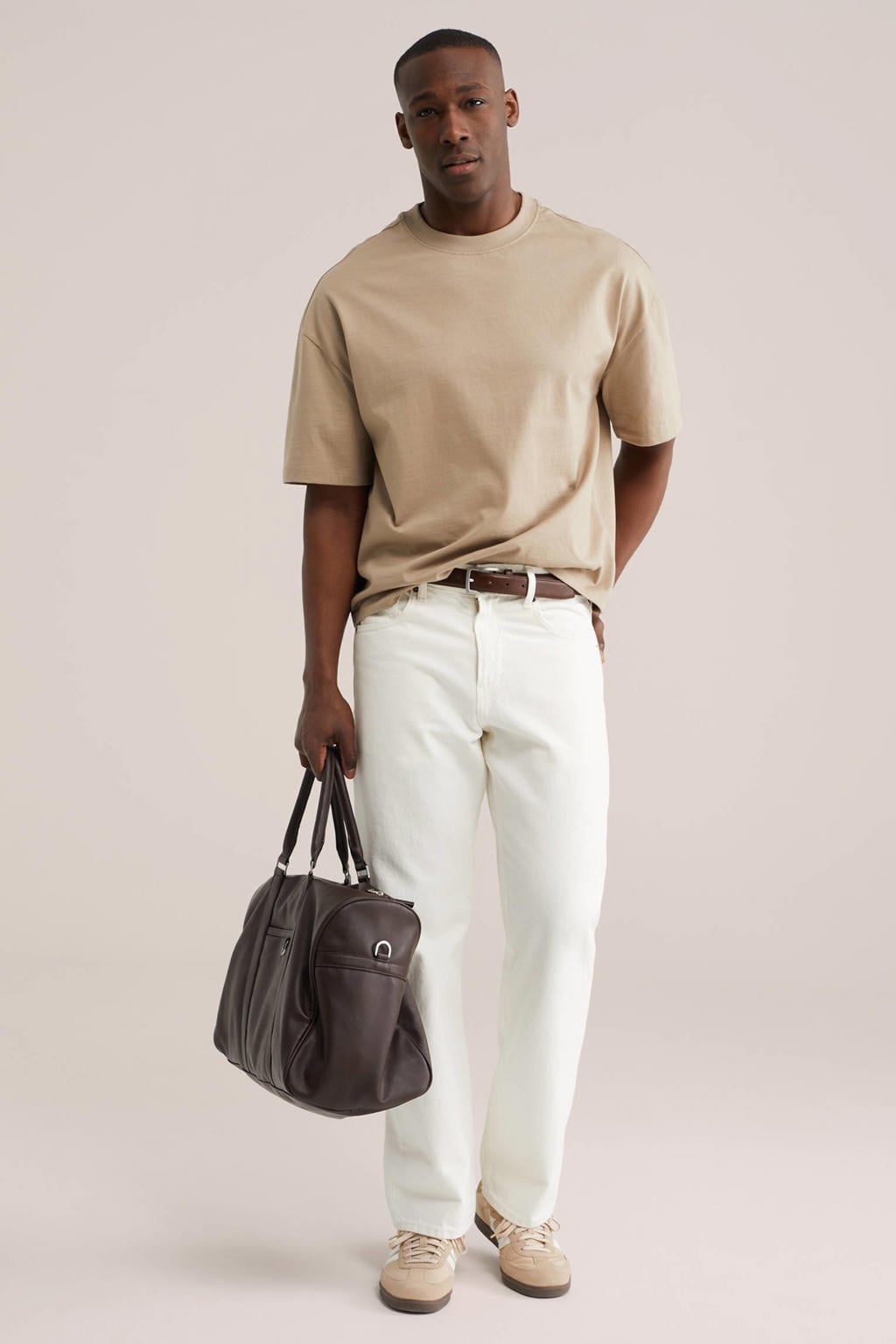 Beige heren WE Fashion boxy T-shirt van katoen met effen, korte mouwen en ronde hals