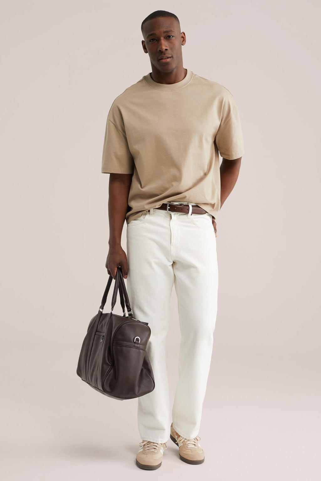 Beige heren WE Fashion boxy T-shirt van katoen met effen, korte mouwen en ronde hals