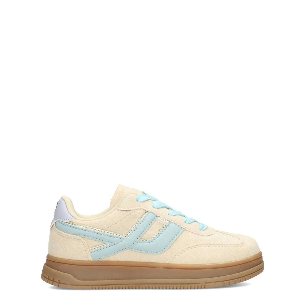 Beige, creme en blauwe meisjes POSH by Poelman sneakers van imitatieleer met veters