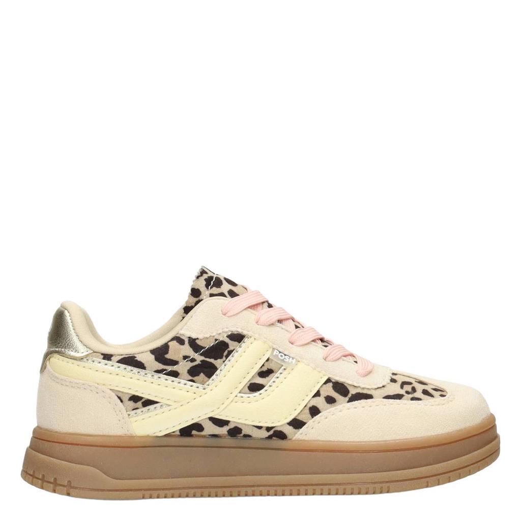 Beige meisjes POSH by Poelman sneakers van imitatieleer met veters en dierenprint