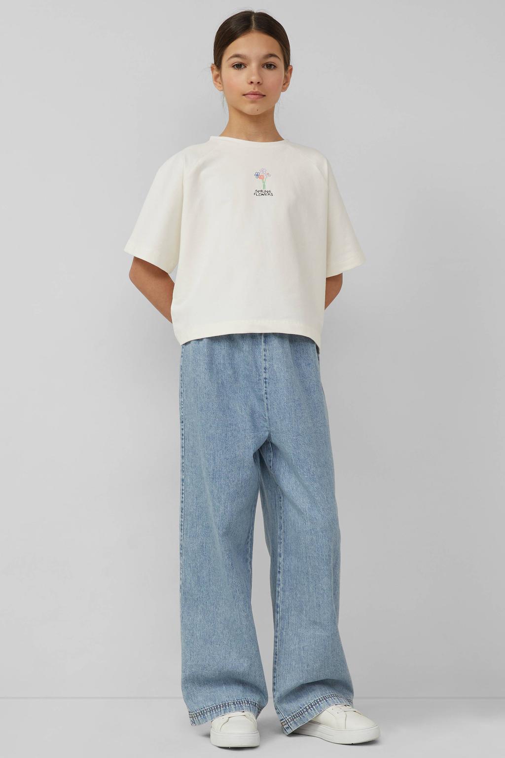 Ecru meisjes s.Oliver T-shirt van stretchkatoen met backprint, korte mouwen en ronde hals