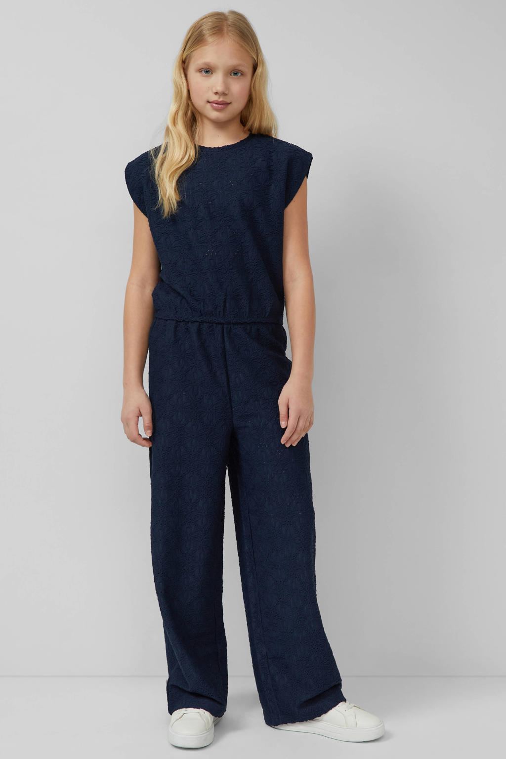 Donkerblauwe meisjes s.Oliver casual broek van polyester met elastische tailleband en effen