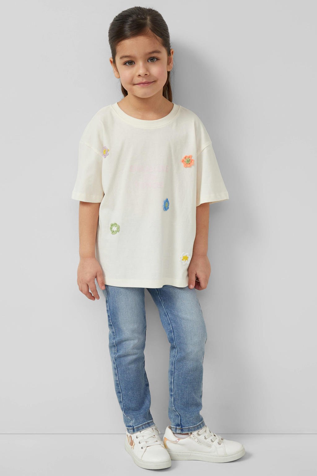 Ecru meisjes s.Oliver T-shirt crochet van katoen met tekst print, korte mouwen en ronde hals