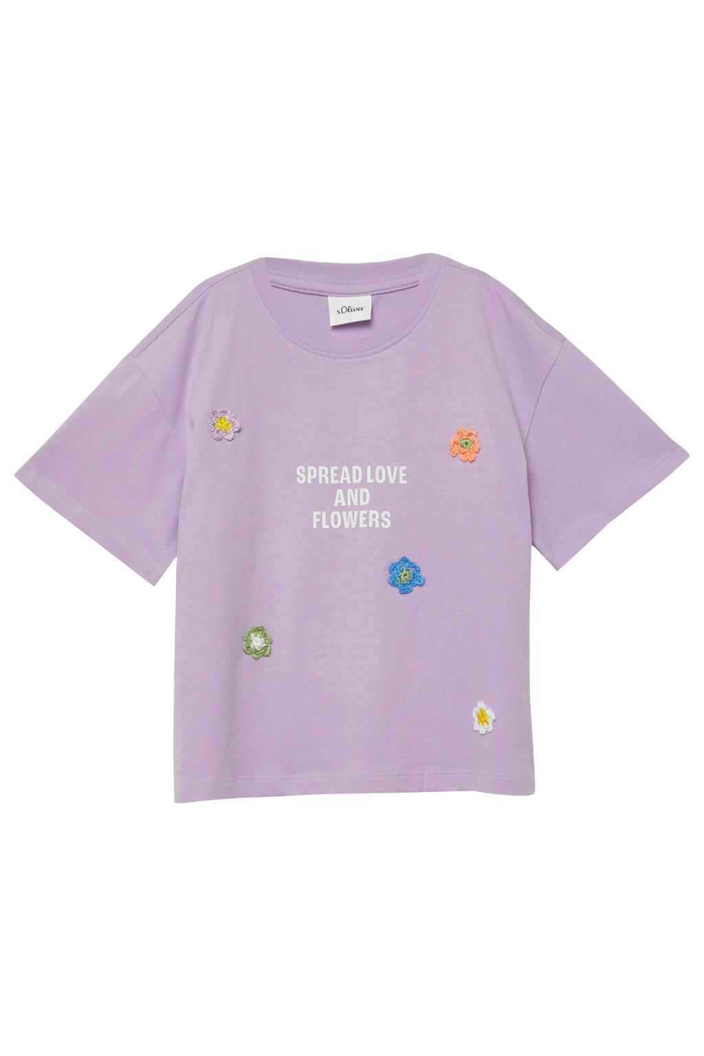 Paarse meisjes s.Oliver T-shirt crochet van katoen met tekst print, korte mouwen en ronde hals