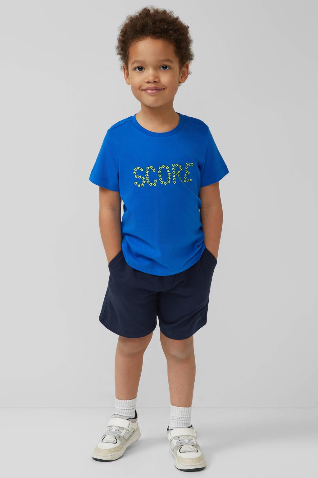 Marineblauw jongens s.Oliver T-shirt blauw van katoen met tekst print, korte mouwen en ronde hals