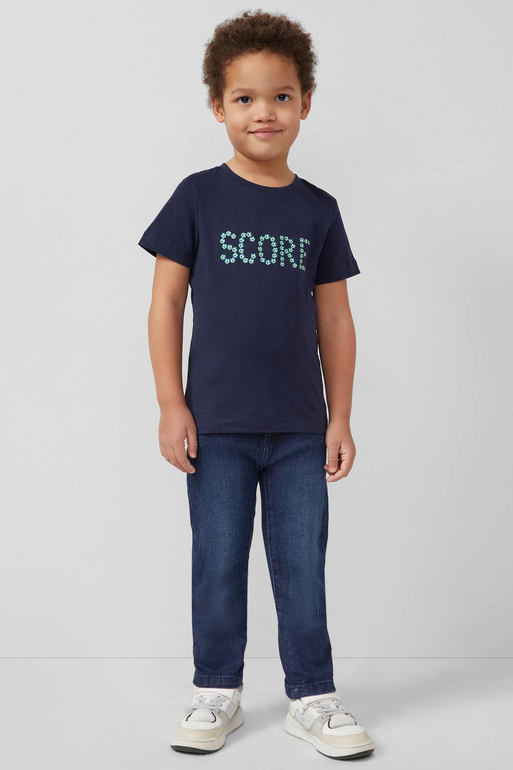 Donkerblauwe jongens s.Oliver T-shirt van katoen met printopdruk, korte mouwen en ronde hals