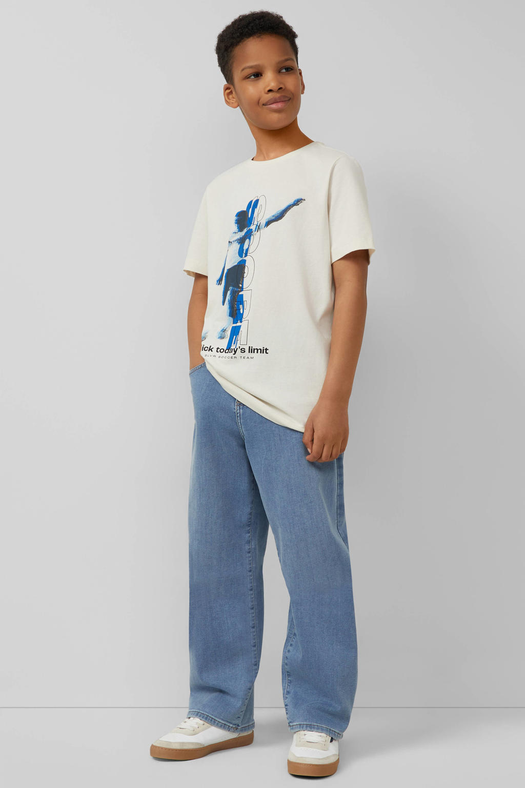Ecru jongens s.Oliver T-shirt van katoen met printopdruk, korte mouwen en ronde hals