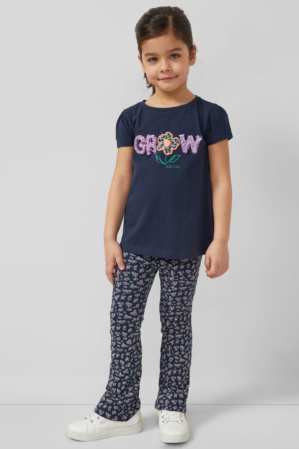Donkerblauwe meisjes s.Oliver T-shirt van katoen met tekst print, korte mouwen, ronde hals en pailletten