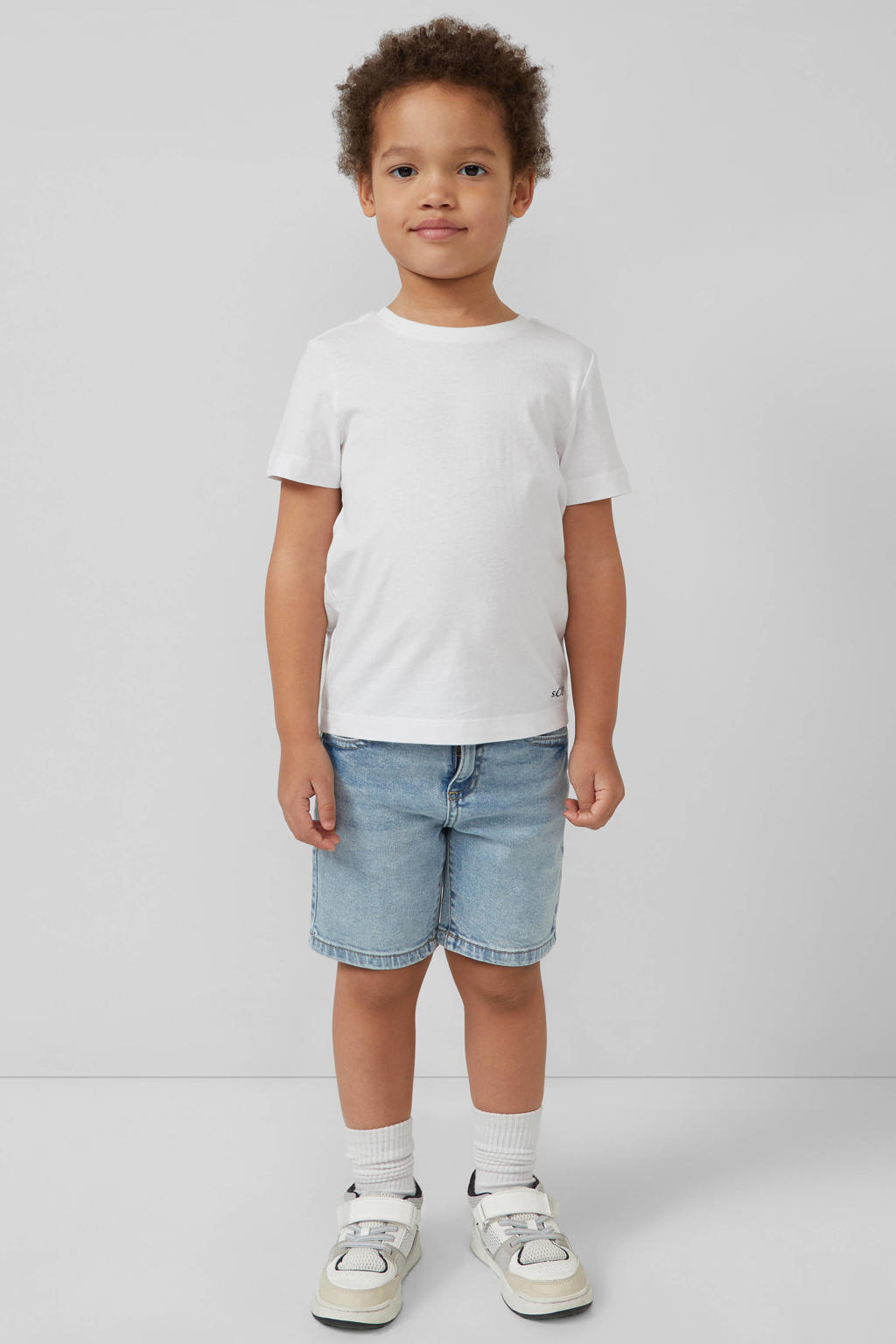 Light blue denim jongens s.Oliver short van stretchdenim met rits- en knoopsluiting en effen
