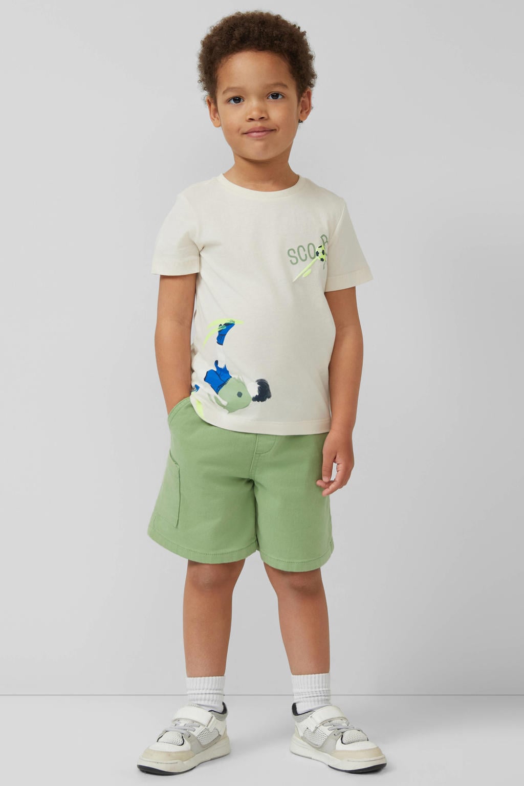 Ecru jongens s.Oliver T-shirt van katoen met printopdruk, korte mouwen en ronde hals