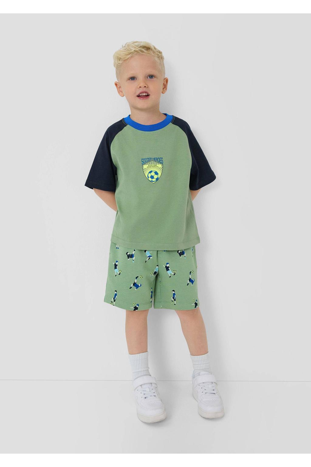 Lichtgroen en donkerblauwe jongens s.Oliver T-shirt van katoen met meerkleurige print, korte mouwen en ronde hals