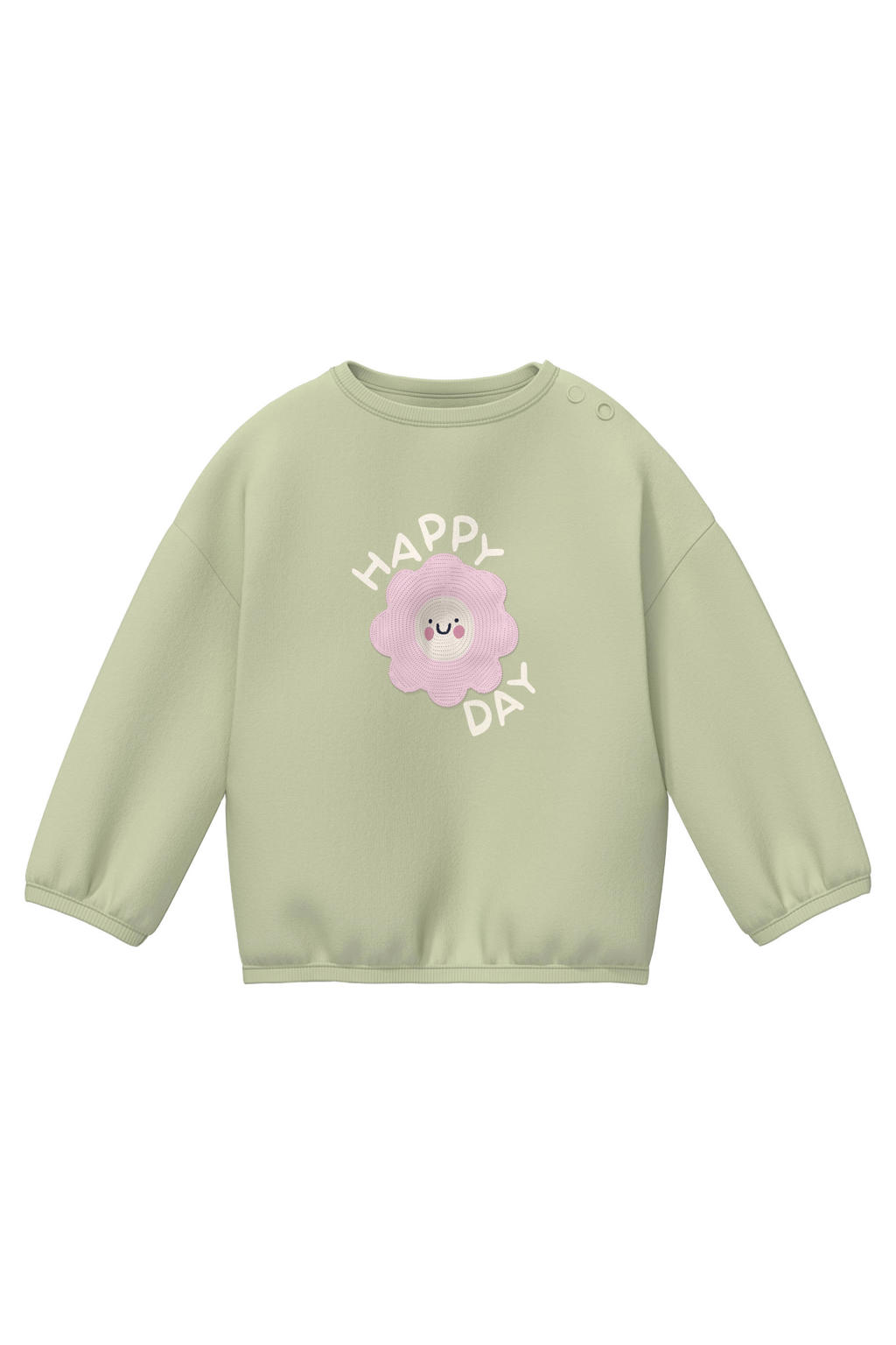 Lichtgroene meisjes s.Oliver sweater met printopdruk, lange mouwen, ronde hals, drukknoopsluiting en elastische boord