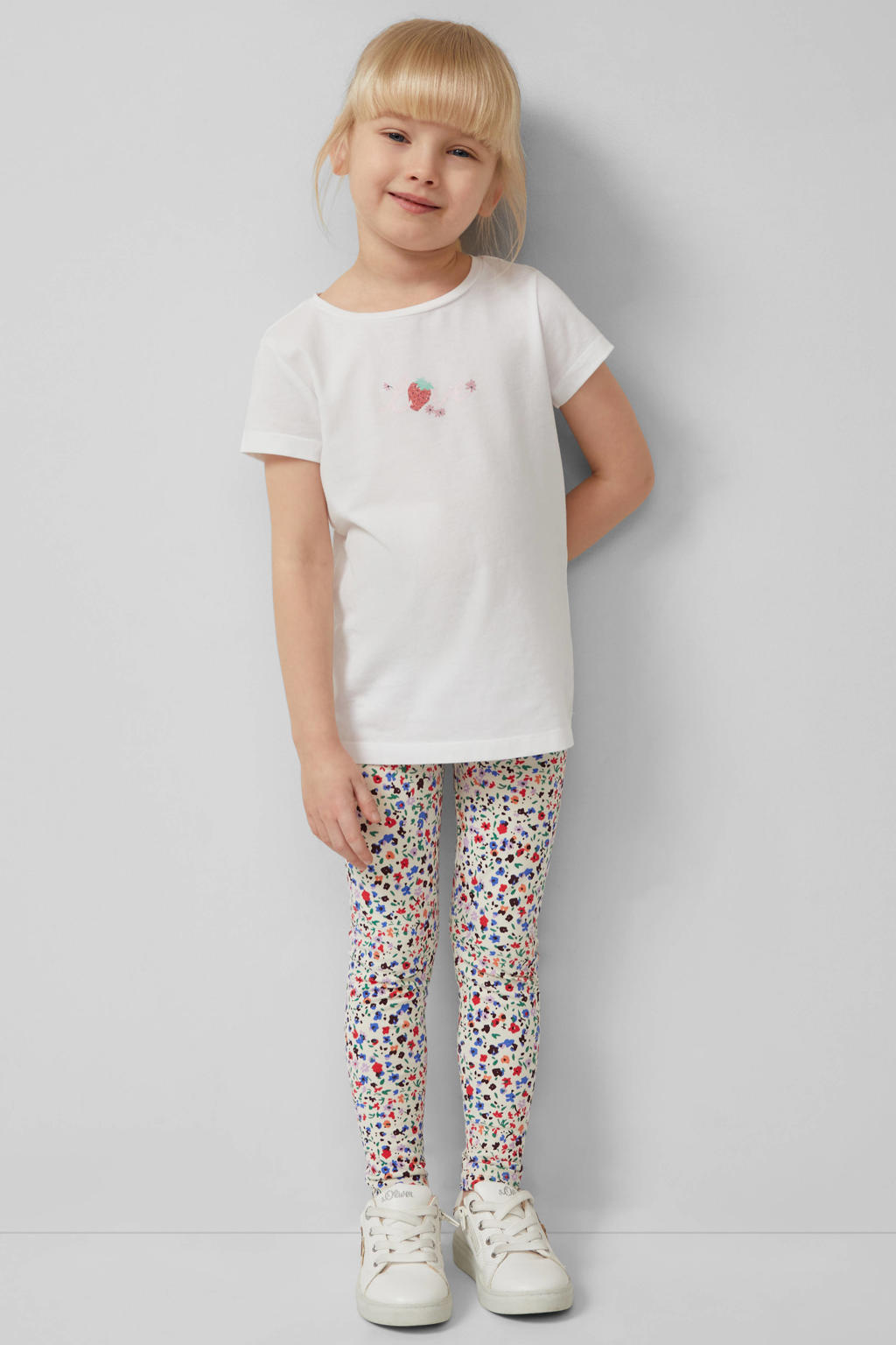Ecru, rood en blauwe meisjes s.Oliver slim gebloemde legging van stretchkatoen met elastische tailleband